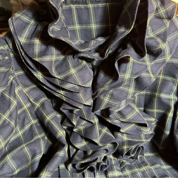 Ralph Lauren Navy Blue Multi Brushed Cotton Check Plaid Ruffle Pleat Blouse - Picture 4 of 16
